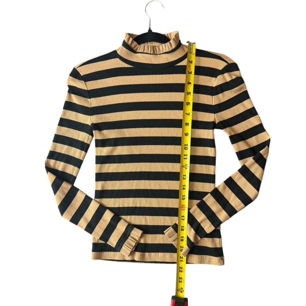 J.Crew Montauk Stripe Ribbed Mockneck XS Sand Black Breton Ruffle Trim - Picture 11 of 16